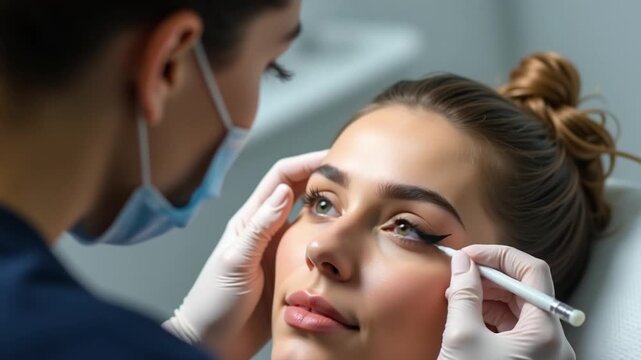 The master wipes off the excess anesthesia that has been applied to the eyebrows. Light permanent eyebrow makeup, performing eyebrow tattooing