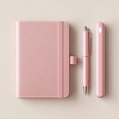 Flat lay of a pink notebook and pen