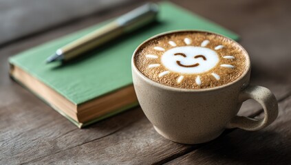 A cup of cappuccino with a sun design, next to a notebook and pen