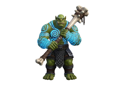 A large, formidable orc character, positioned against a black backdrop, brandishes a bone-handled club.