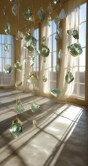 Glass shards, light, and shadows, hanging from ceiling, in a sunlit room with sheer curtains
