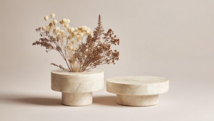 Two light beige, marbled, circular pedestals, displaying a bunch of dried cream and brown flowers