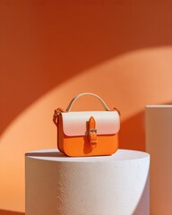 Orange-cream handbag on white pedestal