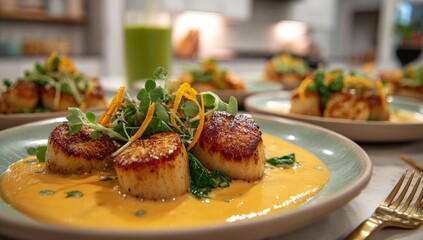 Seared scallops in creamy sauce, garnished with microgreens and citrus