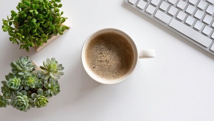White desk with succulents, coffee, and keyboard
