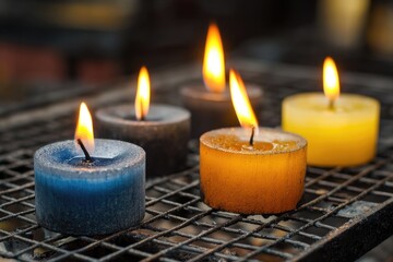 Burning candles of varying colors on a metal grate