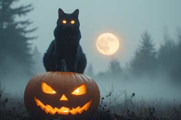 Black Cat Perched on Glowing Pumpkin under Full Moon in Foggy Night