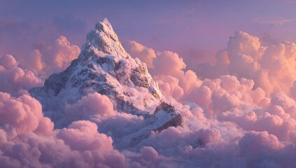 Snowy mountain peak, surrounded by soft pink clouds, golden light