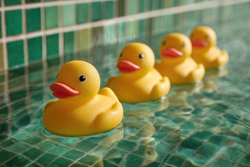 Four yellow rubber ducks in a row on water, teal tiled background