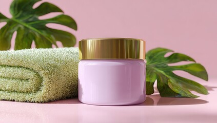 Pink-toned still life of a light purple jar, green towel, and tropical leaves