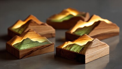 Small, wooden, light-up mountain sculptures
