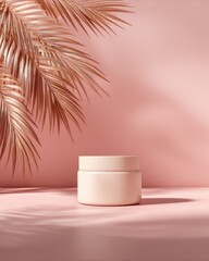 Pastel pink podium with cream jar and palm leaves
