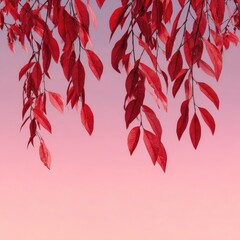 Vibrant red leaves cascading from branches against a pastel pink sky