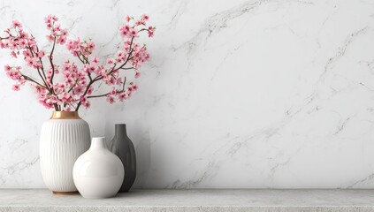 Pink cherry blossoms in vases on a marble shelf