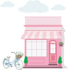 Minimal Pastel Coffee Shop Flat Vector, Modern Cafe Illustration, pink house with a window