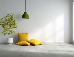 Minimalist room with yellow pillows and green pendant light