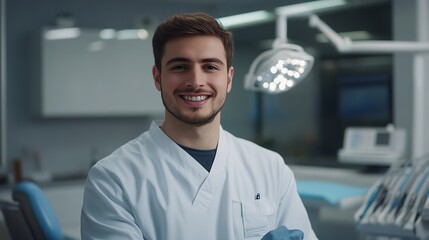 Young male dentist smiling in dental clinic with copy space on bright white background