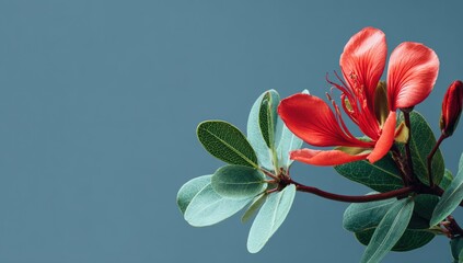 Vibrant coral flower with lush leaves against a muted gray-blue background
