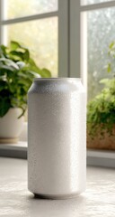 Blank white aluminum can on a table, beside a window with plants
