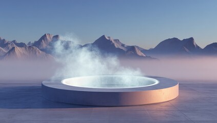 Circular, light gray platform with a steaming, circular pool, set against a backdrop of misty, snow-capped mountains