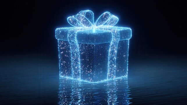 Glowing blue digital gift box with ribbon and bow - Powered by Adobe