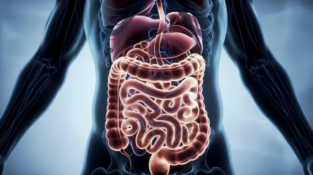 Detailed Human Digestive System Organs Illustration Against Blue Backdrop For Educational Medical Visualization Emphasizing Internal Health and Gut Health Depicting Liver Intestines and Stomach