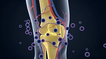 3D medical illustration of a human knee joint with surrounding blood vessels and blue nanoparticles for targeted drug delivery - Powered by Adobe
