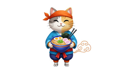 Isolated Cat Chef Holding Ramen Bowl