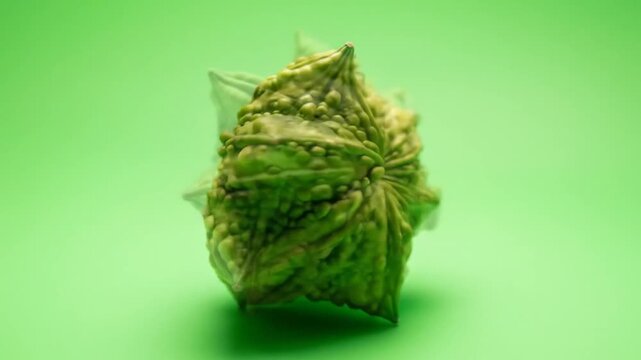 Green Screen Food & Beverage Unusual Green Star-Shaped Bitter Melon with Bumpy Texture on Bright Green Background  Green Screen  Chroma Key
