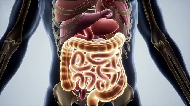 Detailed Medical Animation Displaying the Human Intestine with Rib Cage, Liver, and Pelvis on a Light Blue Background Perfect for Educational Content and Healthcare Visualizations
