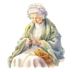 Elderly woman knitting with a ball of golden yarn wearing a bonnet and shawl