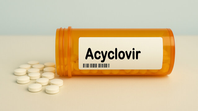 Box of ACYCLOVIR tablets on a hospital pharmacy table used to treat herpes infections an antiviral nucleoside analog.