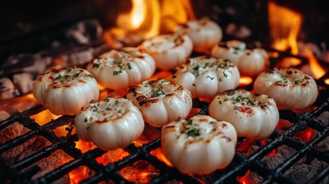 Roasted garlic bulbs on a grill