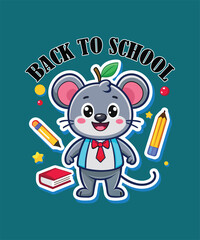 Fototapeta premium Back to School A cute cartoon mouse ready for class with a book and pencils.
