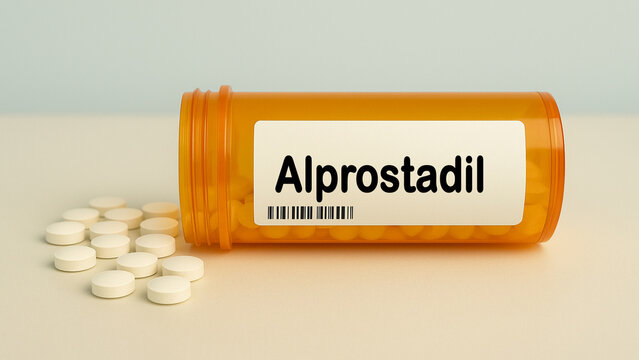 Box of ALPROSTADIL tablets on a hospital pharmacy table used to treat erectile dysfunction and circulation issues a prostaglandin analog.