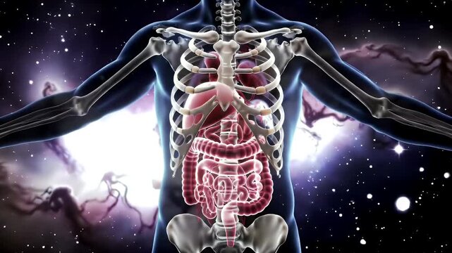 Detailed Spectroscopic Animation of the Human Skeletal System and Internal Organs Set Against a Vivid Cosmic Nebula Background Perfect for Educational Medical and Scientific Visualizations