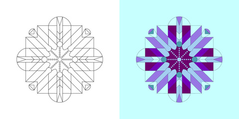 Geometric Mandala Design with Symmetrical Patterns and Intricate Details, Featuring Contrasting Black and White and Colorful Variations on a Split Screen