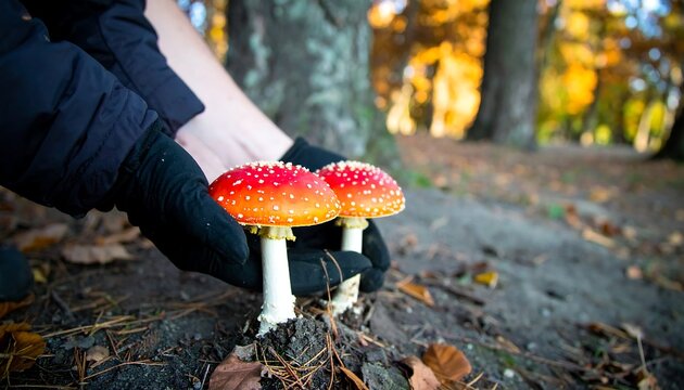 Gloved hands gently hold two vibrant red toadstools emerging from autumnal forest floor