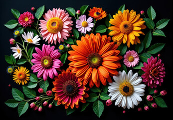 Flatlay of Assorted Flowers and Green Leaves on Black Background