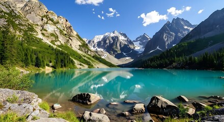 Majestic Turquoise Alpine Lake Reflecting Snow Capped Mountains Under a Clear Blue Sky