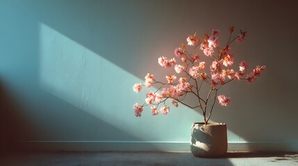 Beautiful pink cherry blossom tree in pot against blue wall interior design