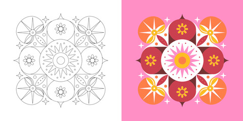 Symmetrical Floral Geometric Pattern in Two Variations a Black and White Line Drawing and a Colorful Abstract Design