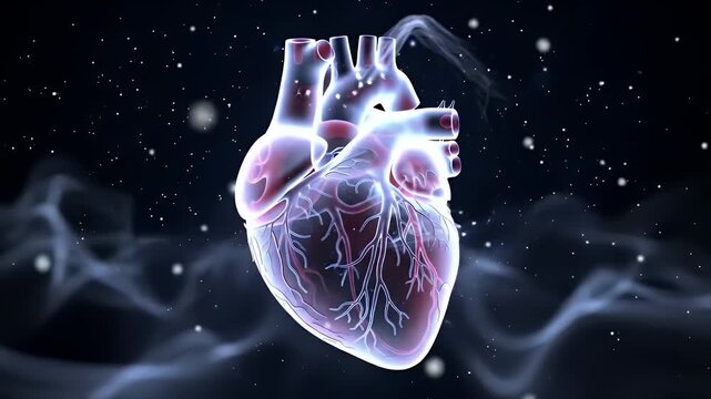 Detailed Translucent Anatomically Correct Heart Model on Dark Blue Background with Swirling Smoke Perfect for Medical Visualizations and Educational Material