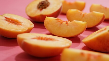 Freshly Sliced Peaches Against Vibrant Orange-Pink Background, Highlighting Juicy Texture and Summer Freshness