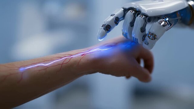Focused medium shot of a hightech phlebotomy robot scanning a forearm with gentle illumination emphasizing smooth noninvasive vein detection in medical procedures.