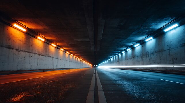 Fototapeta A blue and orange lighted tunnel with a white light in the middle.