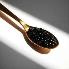 Golden Spoon with Black Caviar on white Black Surface
