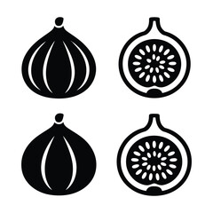 Simple black and white icons of whole and halved figs
