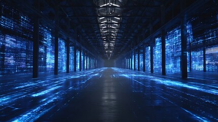 A futuristic warehouse corridor illuminated with blue digital data projections : Generative AI.