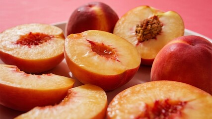 Freshly Sliced Peaches Against Vibrant Orange-Pink Background, Highlighting Juicy Texture and Summer Freshness